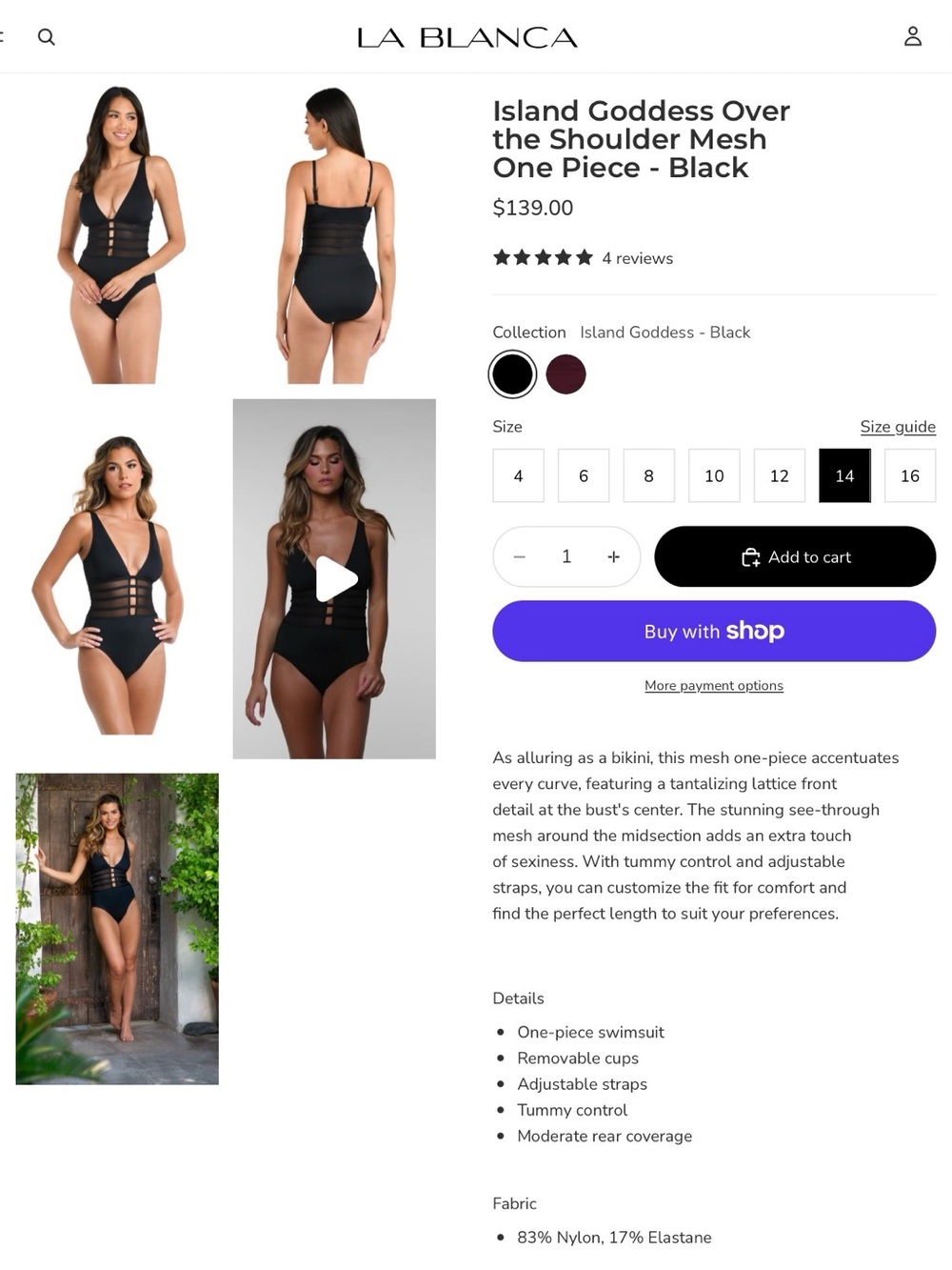 Like New! Black Mesh-Panel One-Piece Swimsuit, La Blanc, Size 14 - Picture 3 of 16